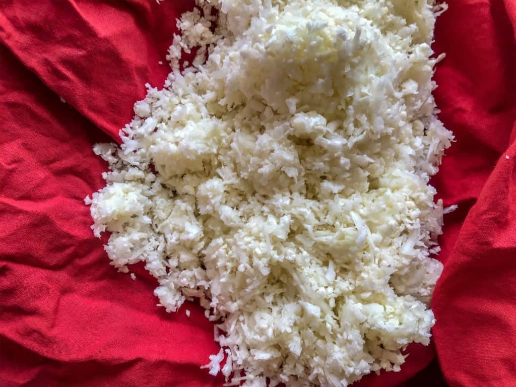 Cauliflower rice in a towel