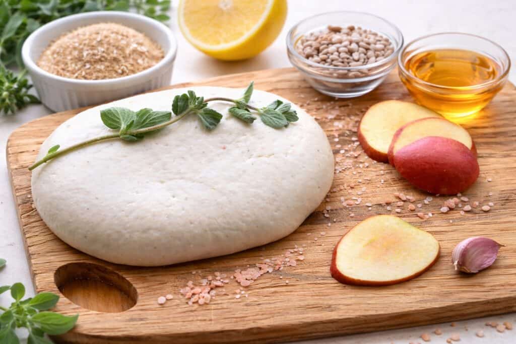 Easy and stretchy vegan mozzarella, on a wooden chopping board with some apples, sunflower seeds, lemon, psyllium husk and cider vinegar