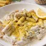 Vegan cold and creamy pasta. Pasta with a white tofu and cashew sauce topped with nutritional yeast.