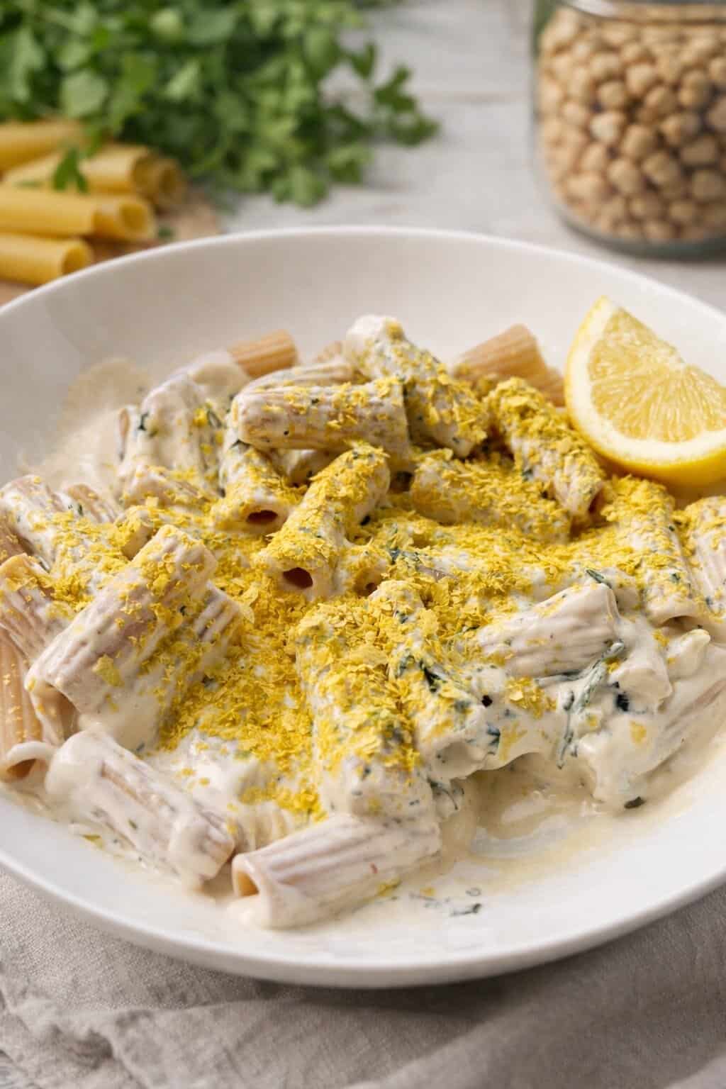 Vegan cold and creamy pasta. Pasta with a white tofu and cashew sauce topped with nutritional yeast.