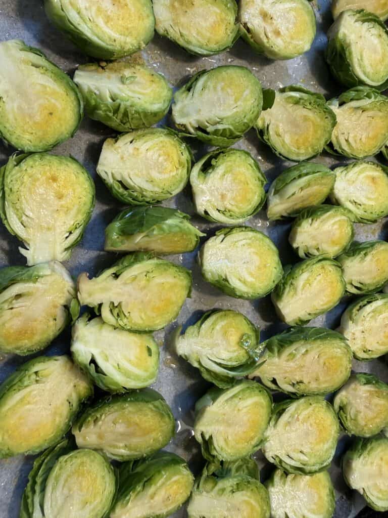 Brussel sprouts raw facing up on a tray bake